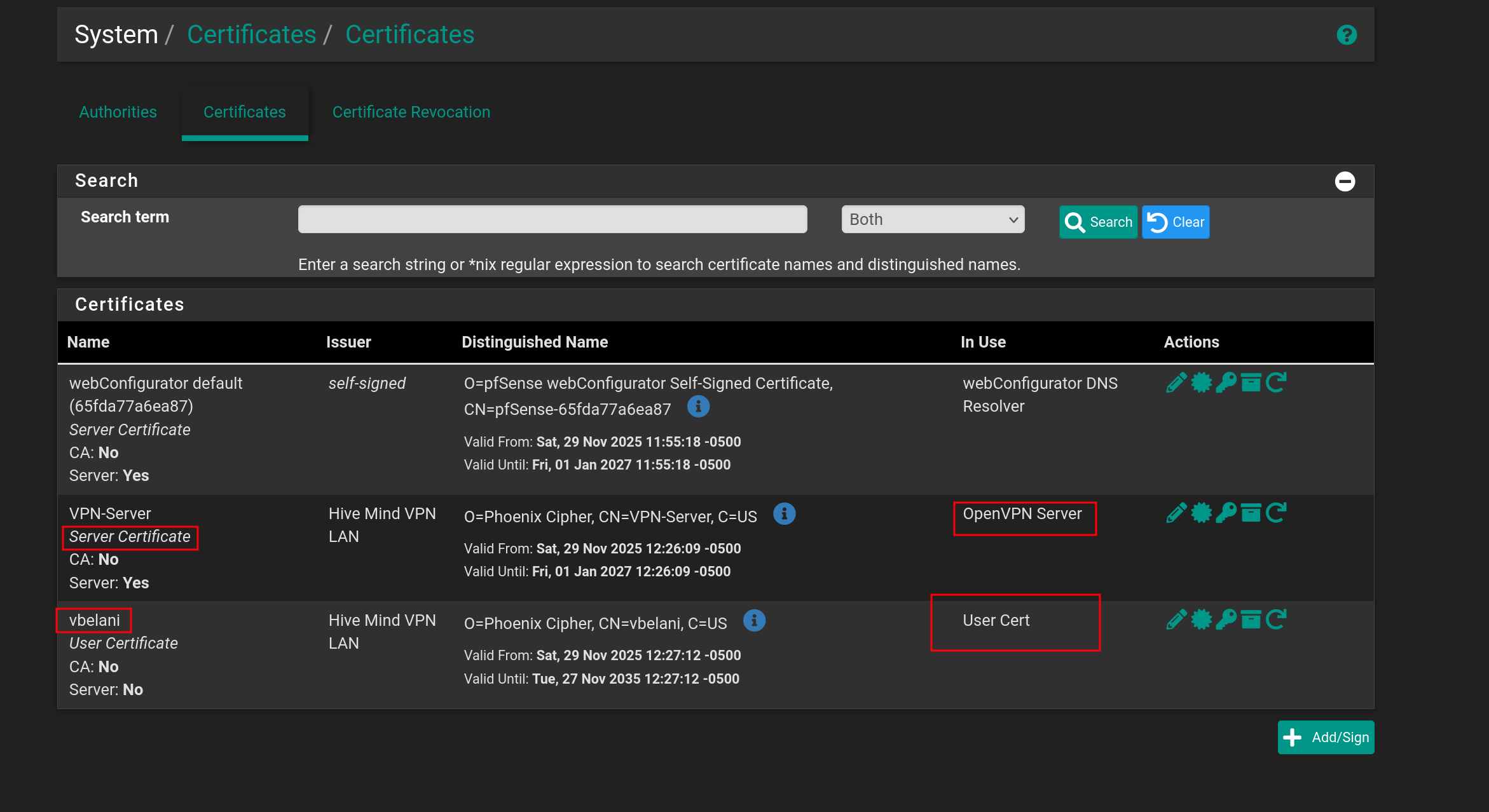 User and Server certificate creation